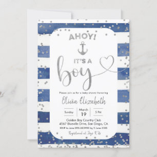 Anchor Navy Blue and Silver Stripes It's a Boy Invitation