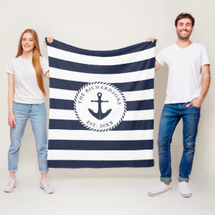 Anchor Navy Blue and White Striped Nautical Family Fleece Blanket