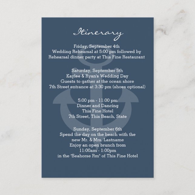 Anchor Navy Blue Intinerary Enclosure Card (Front)