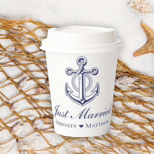 Anchor Navy Blue Just Married Nautical Wedding Paper Cups (Creator Uploaded)