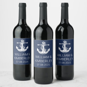 Anchor Navy Blue Nautical Elegant Wedding Wine Label