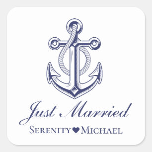Anchor Navy Blue Nautical Just Married Wedding  Square Sticker