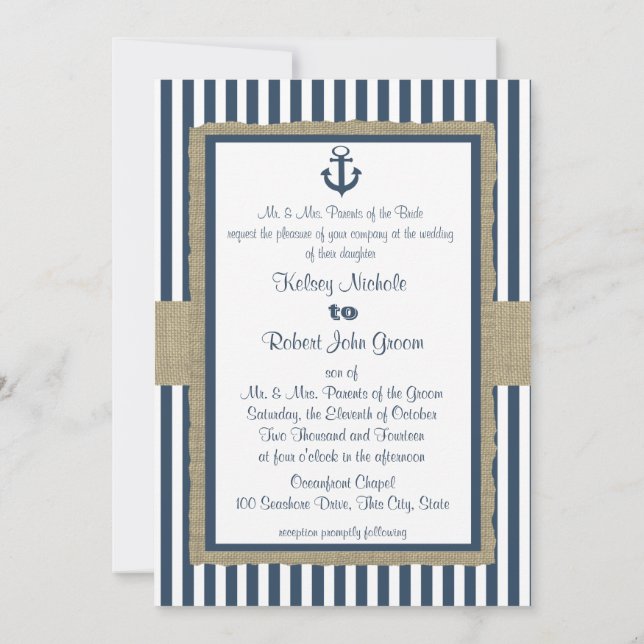 Anchor Navy Blue Stripes Beach Wedding Invitation (Back)