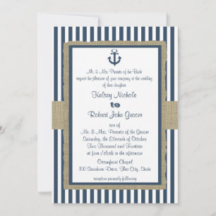 Anchor Navy Blue Stripes Beach Wedding Invitation