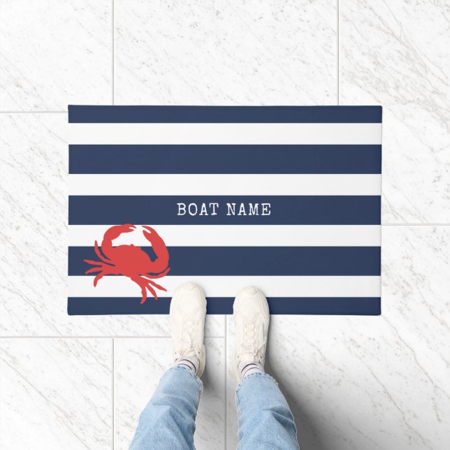 Anchor Navy Blue Stripes Red Crab Boat Name Doormat (Indoor)