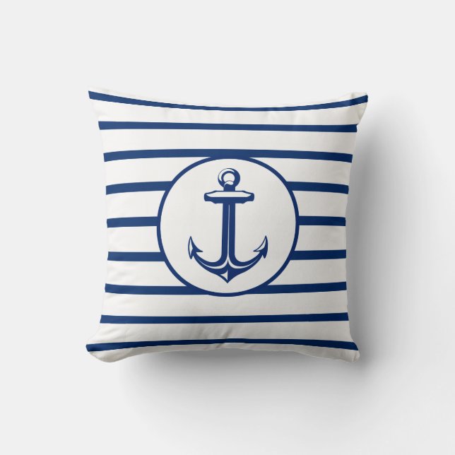 Anchor Navy Blue White Striped Background Cushion (Front)