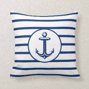 Anchor Navy Blue White Striped Background Cushion