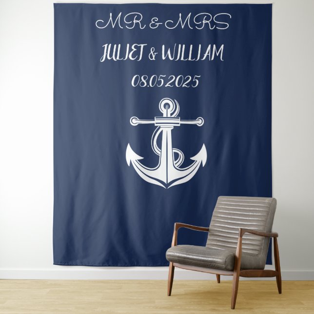 Anchor Navy Mr & Mrs Wedding Backdrop banner Tapestry (In Situ)