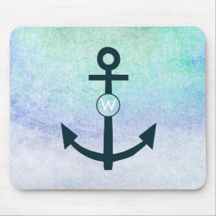 Anchor Navy Nautical Beach Teal Monogram Aqua Mouse Mat