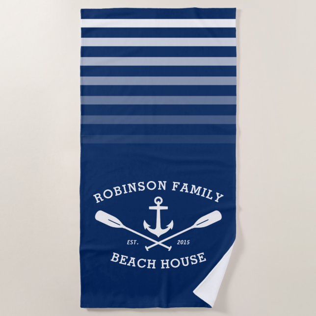 Anchor Oars Family Name Beach House Navy Blue Beach Towel (Front)