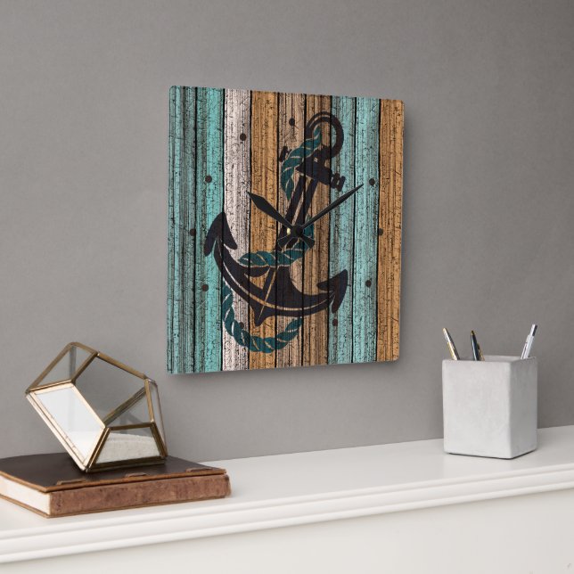 Anchor On Antique Weathered Wooden Planks Pattern Square Wall Clock (Office)