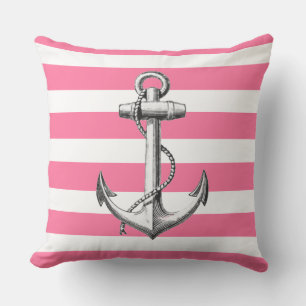 Anchor on Cute Nautical Pink Stripe Pattern Cushion