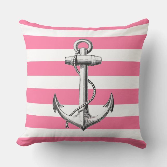 Anchor on Cute Nautical Pink Stripe Pattern Cushion (Front)