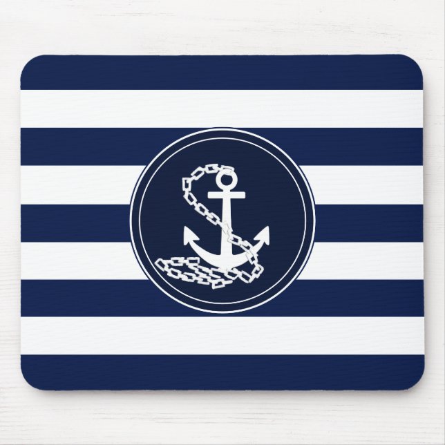 Anchor On Nautical Blue And White Stripes Sailor Mouse Mat (Front)