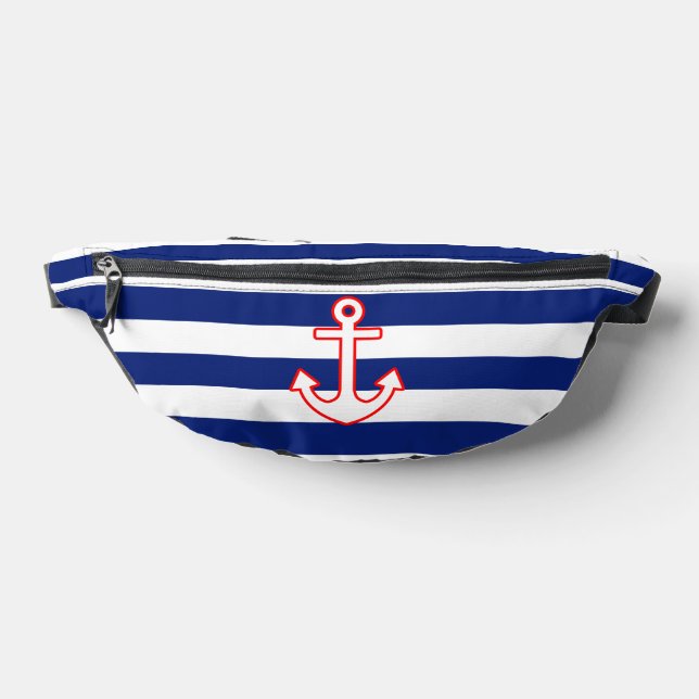 Anchor on Nautical Navy Blue Stripes Print Bum Bags (Lay Down)