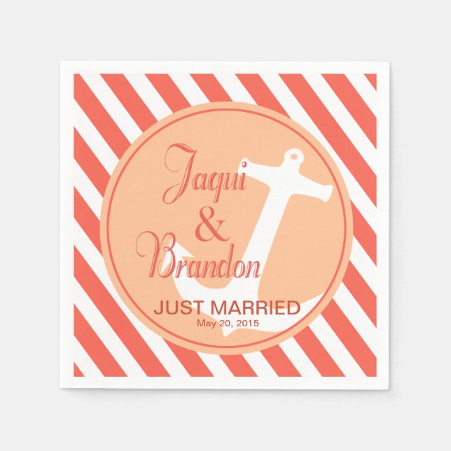 Anchor on Stripes Nautical | coral peach Napkin (Front)