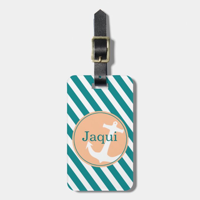 Anchor on Stripes | teal peach Luggage Tag (Front Vertical)
