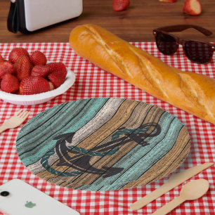 Anchor On Vintage Weathered Wooden Planks Pattern Paper Plate