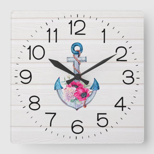 Anchor On White Wood Square Wall Clock (Front)