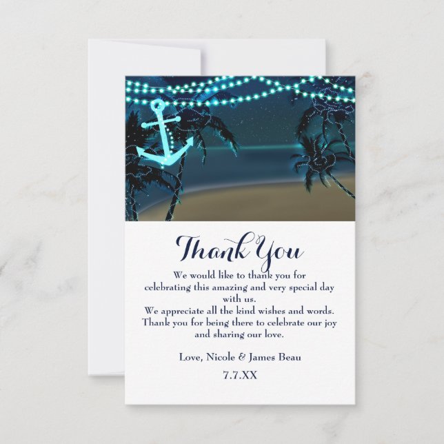 Anchor & Palm Trees Beach Night Wedding Thank You Invitation (Front)