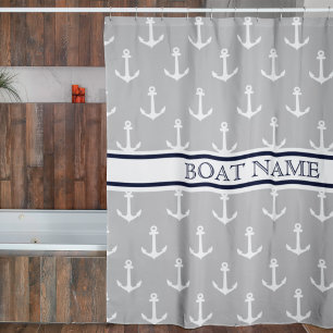 Anchor Pattern Grey Blue Nautical Boat Name  Shower Curtain
