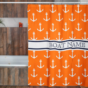 Anchor Pattern Orange Blue Nautical Boat Name Shower Curtain