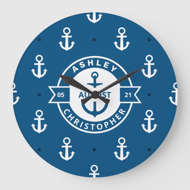 Anchor patterns blue nautical wedding Large Clock (Front)
