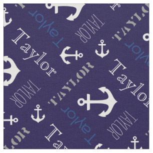 Anchor personalised name blue nautical text fabric