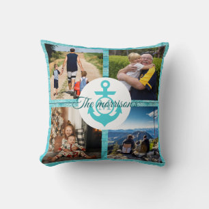 Anchor Photo Boat Rustic Blue  Throw Pillow