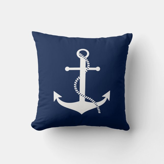 Anchor Pillow, Blue and White, Nautical Cushion (Front)