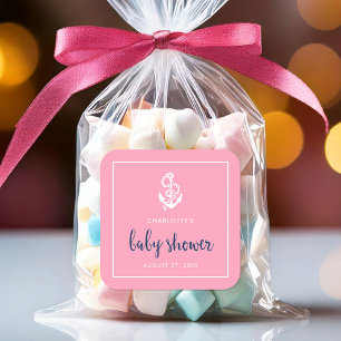 Anchor Pink and Blue Script Baby Shower Square Sticker