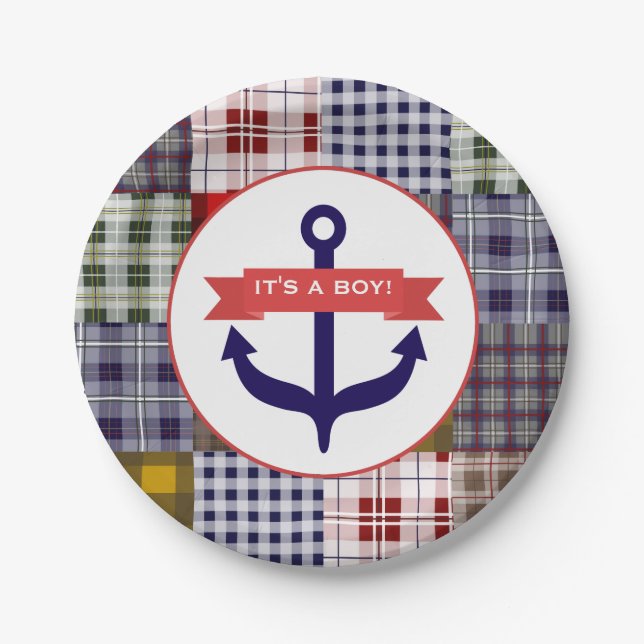 Anchor + Plaid Boy Baby Shower Paper Plate (Front)