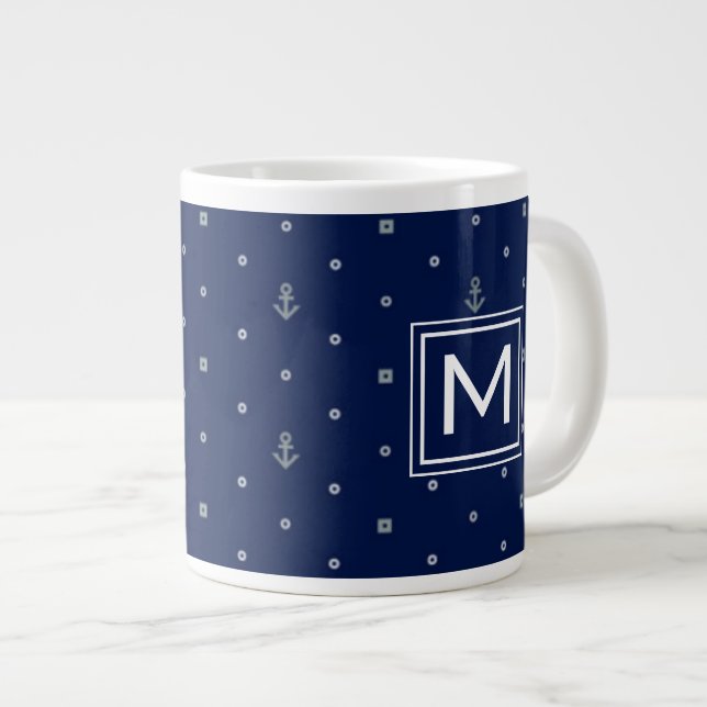 Anchor Polka Dots Pattern| Monogram Large Coffee Mug (Front Right)