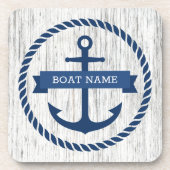 Anchor rope border boat name driftwood background coaster (Front)
