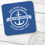 Anchor rope border boat name welcome aboard coaster<br><div class="desc">Coaster featuring a white nautical anchor surrounded by a rope border on a dark blue background. Across the anchor is a light blue banner with customisable text "welcome aboard". Add your boat's name and hailing port.</div>