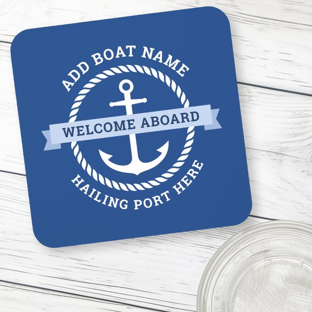 Anchor rope border boat name welcome aboard coaster (Anchor rope border boat name welcome aboard beverage coaster)
