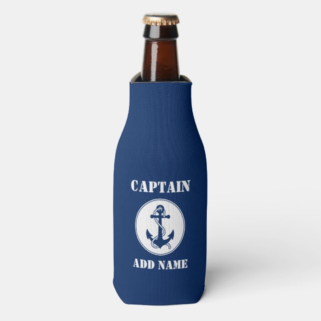 Anchor & Rope Captain Add Name or Boat Name Blue Bottle Cooler (Bottle Front)