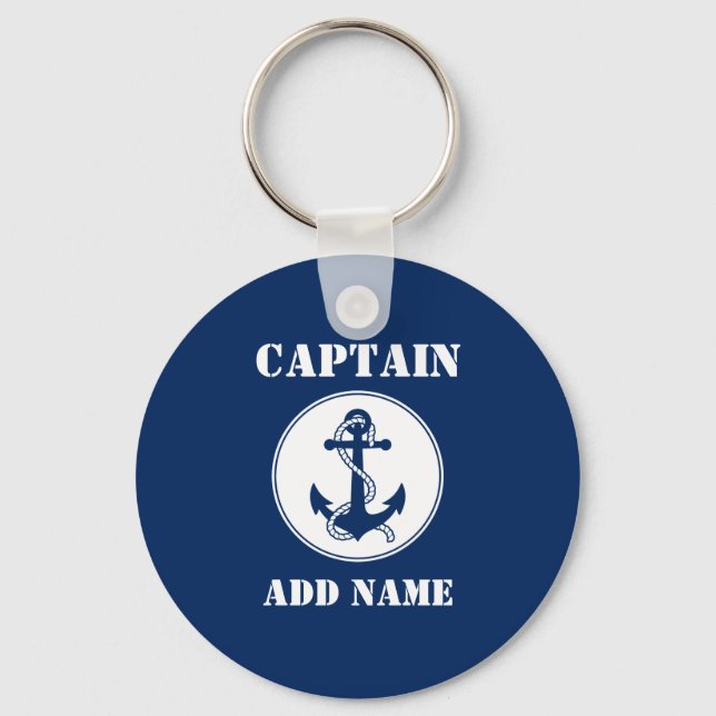 Anchor & Rope Captain Name or Boat Name Navy Blue Key Ring (Front)