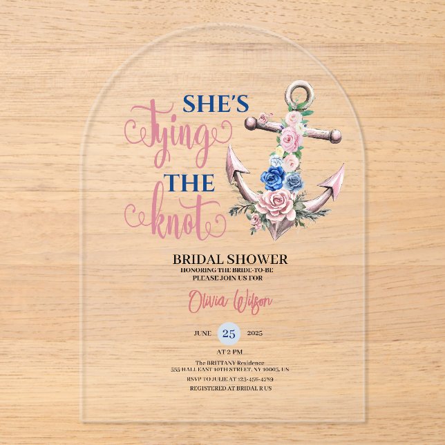 Anchor Rose Tying the Knot Nautical Bridal shower Acrylic Invitations (Front)
