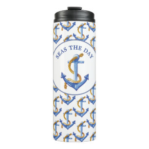 Anchor Seas Day Quote Blue Text Thermal Tumbler