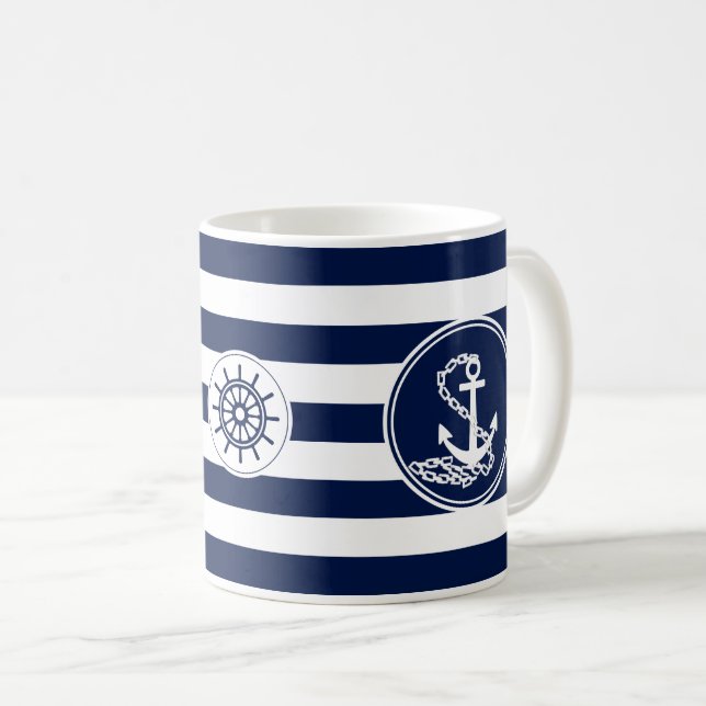 Anchor, Ship's Wheel Blue And White Striped Coffee Mug (Front Right)