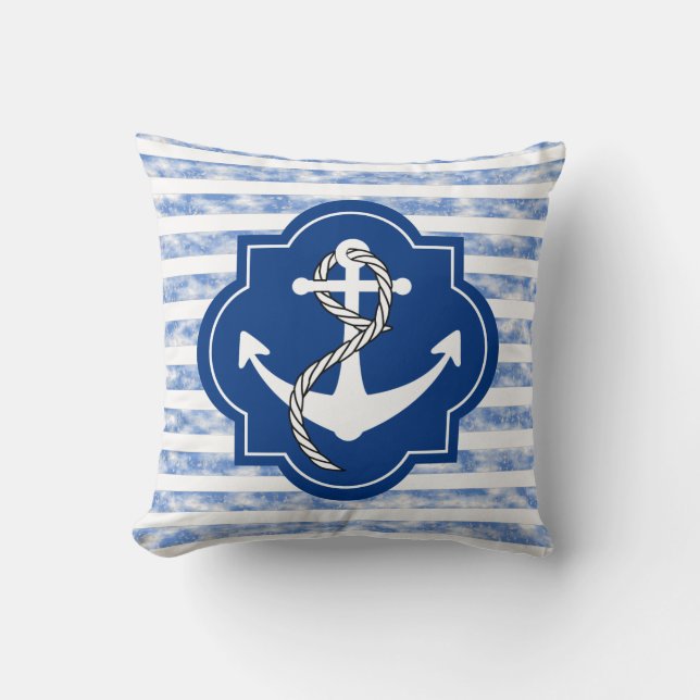 Anchor Silhouette With Nautical Blue Stripes Cushion (Front)