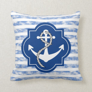 Anchor Silhouette With Nautical Blue Stripes Cushion