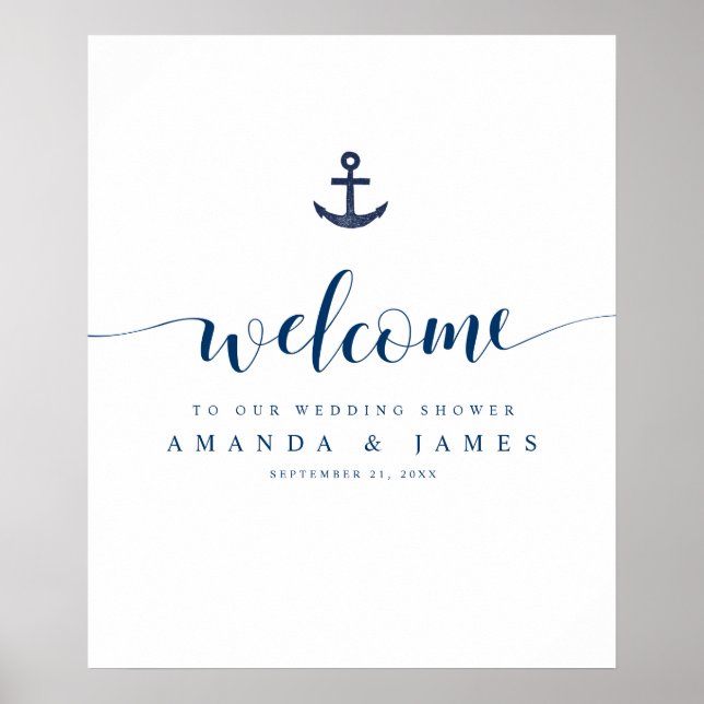 Anchor Simple Blue Nautical Couples Shower Welcome Poster (Front)