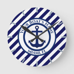 Anchor Stamp and Diagonal Stripes Custom Round Clock