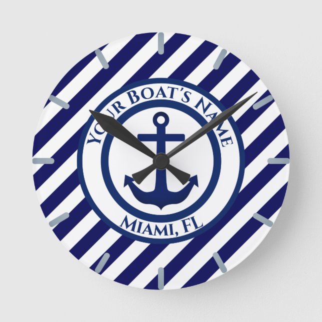 Anchor Stamp and Diagonal Stripes Custom Round Clock (Front)