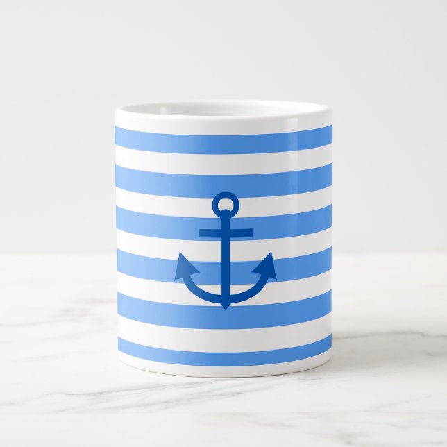 Anchor Stripes Blue & White  Large Coffee Mug (Front)