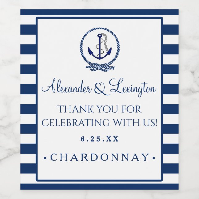 Anchor Stripes Nautical Wedding Customise Colour Wine Label (Single Label)