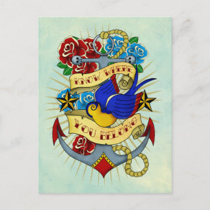 Anchor, Swallow and Roses Postcard