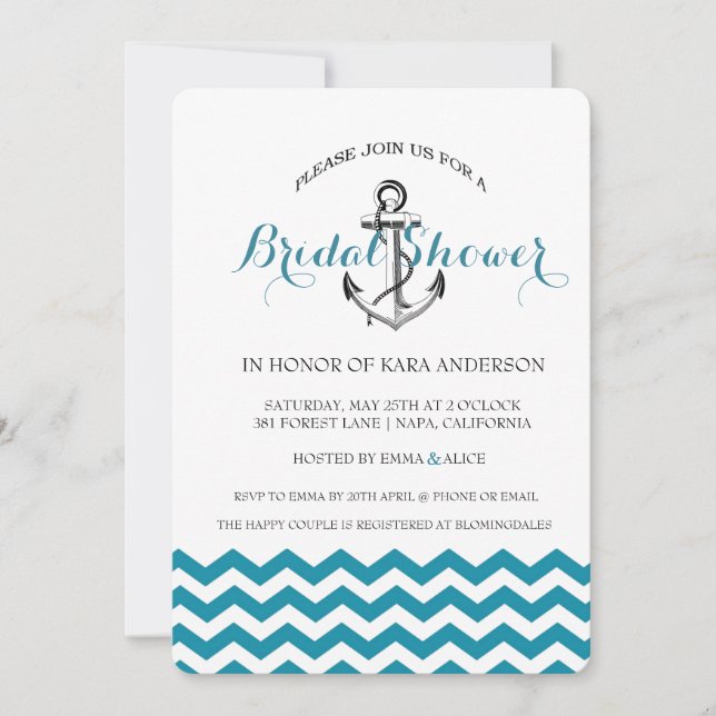 Anchor Teal Blue Chevron Nautical Bridal Shower Invitation (Front)